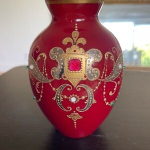 MOSER JEWELED OPALINE GLASS VASE BOHEMIAN RED ENAMEL GILT SIGNED